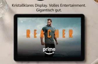 Amazon Fire HD 10 Tablet auf hellem Tisch mit Logos von Prime Video, Netflix, Kindle und Roblox