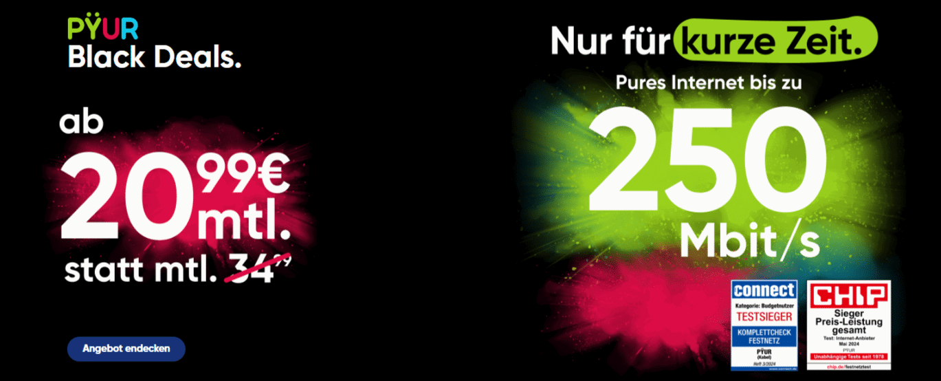 PŸUR Black Friday Angebot: Pure Speed 250 (Internet & Telefon) für 20,99€ mtl. [Lokal verfügbar]