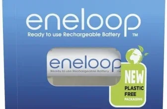 Blauer Karton mit Panasonic eneloop Logo, 4er Pack AA Akkus, 2000 mAh Kapazität und Plastikfrei-Hinweis