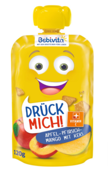 Bebivita-Drück-mich-Quetschbeutel-Apfel-Pfirsich-Mango-mit-Keks-