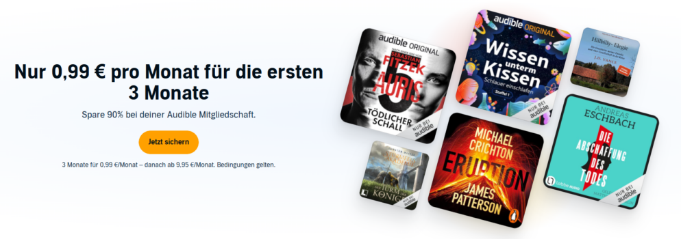 Junge Frau mit Kopfhörern und Hörbuch entspannt sich mit Audible-App auf Smartphone