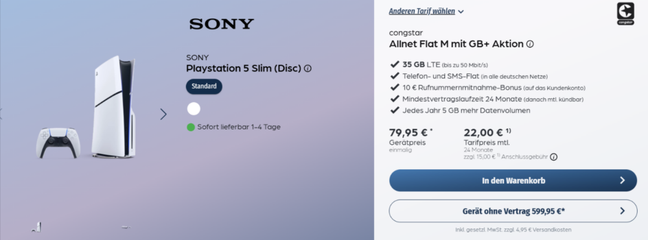 Playstation 5 Slim (Disc) +congstar Allnet Flat M mit 35 GB LTE