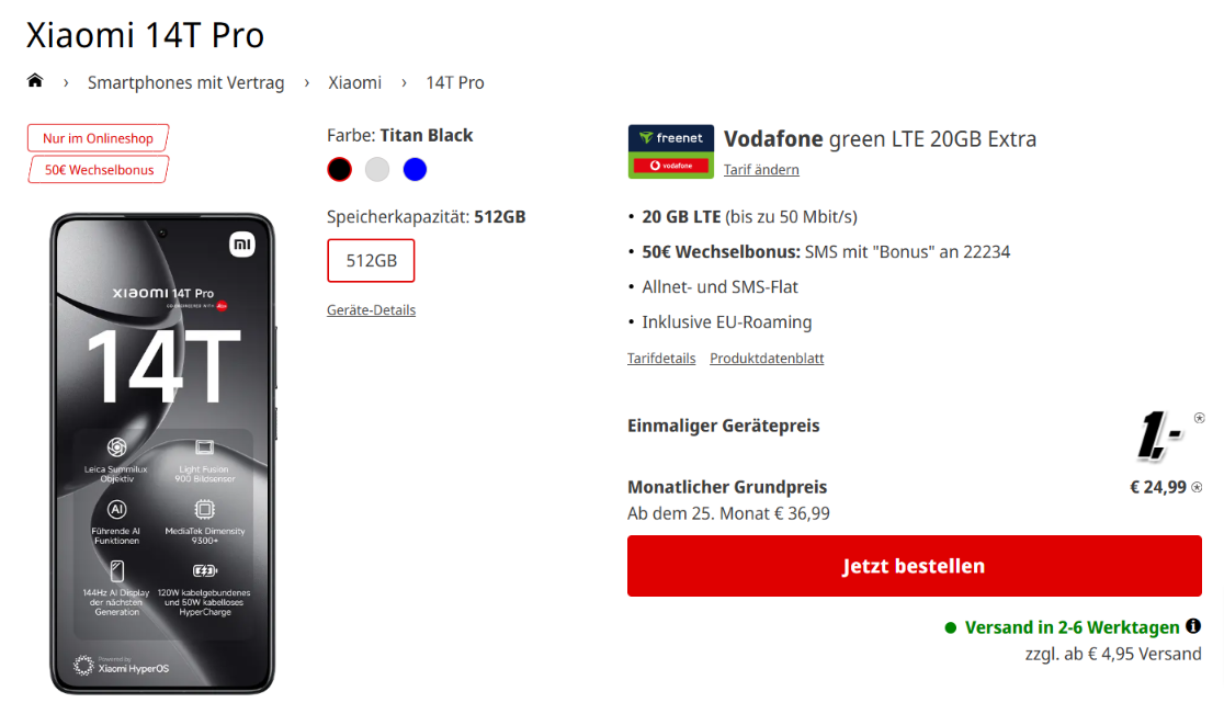 Xiaomi 14T Pro + Freenet Vodafone Green Lte 20Gb
