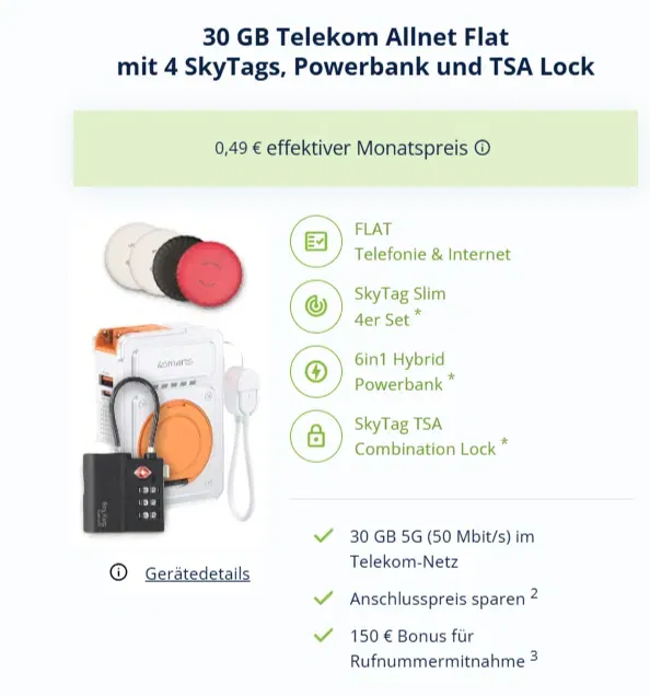 SkyTag Bundle (4er SkyTag + Powerbank + SkyTag TSA-Zahlenschloss)  mit 30 GB Telekom 5G Allnet Flat für 11,99€ mtl