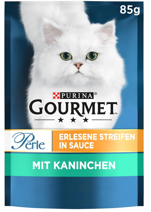 Gourmet-Perle-Erlesene-Streifen-Katzenfutter-Nass-Mit-Kaninchen-