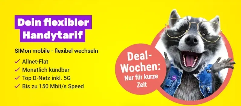 SIMon mobile 🦝 Datenknaller zum Beispiel Vodafone Allnet- und SMS-Flat mit 70 GB 5G (monatlich kündbar) für 16,99€ mtl.