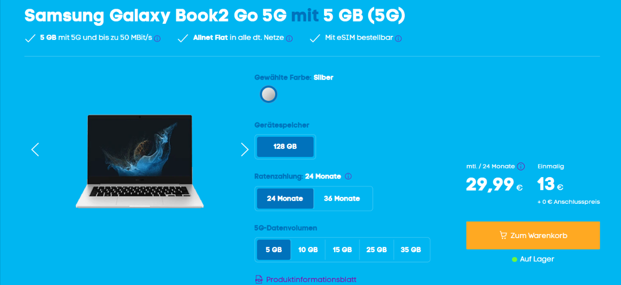 Samsung Galaxy Book2 Go 5G + Blau Allnet Xs 5 Gb 5G