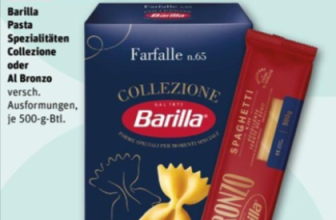 Barilla Al Bronzo Nudeln Packung auf Holztisch mit Basilikum