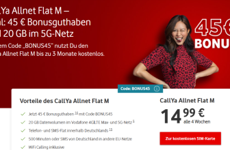 Glückliche junge Frau mit Smartphone liest über Vodafone CallYa Allnet Flat M Angebot