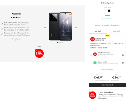 Xiaomi 14 + Vodafone Smart Lite Spezial