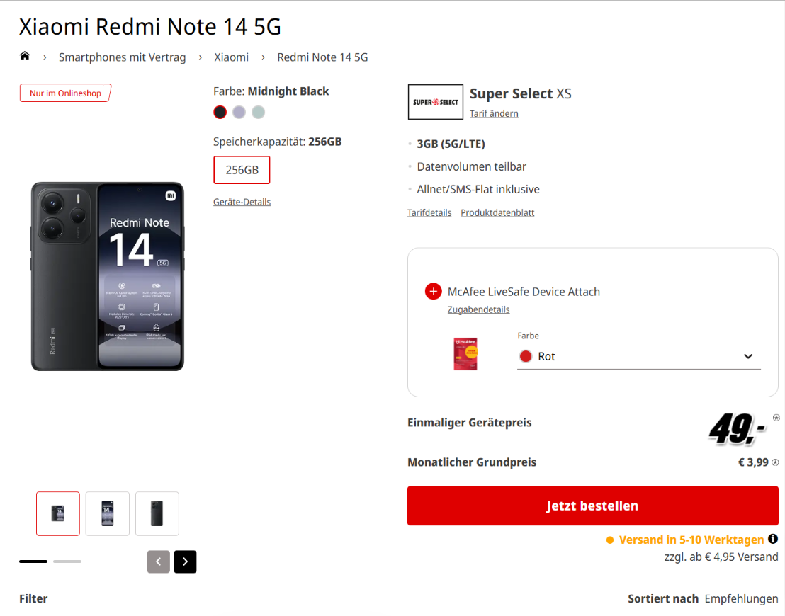 Xiaomi Redmi Note 14 5G + Super Select Xs Mit 3 Gb 5G