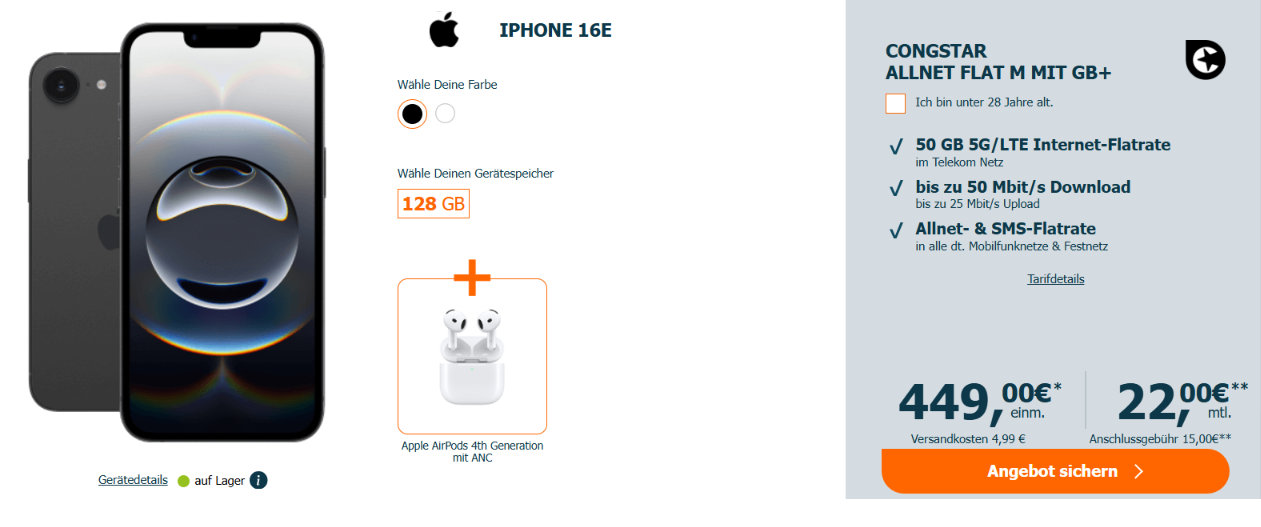 Apple Iphone 16E + Apple Airpods 4Th Generation Mit Anc + Congstar Allnet-Flat