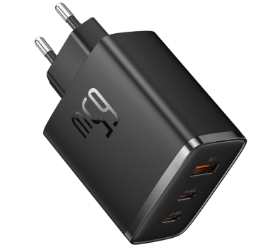 Baseus USB C Ladegerät 65W 3-Ports USB C Netzteil PD Ladegerät mit PPS in schwarzem Design.