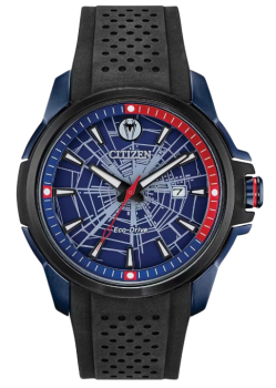 Citizen Marvel Spider-Man Armbanduhr AW1156-01W mit rotem Zifferblatt und Spider-Man-Logo auf weißem Hintergrund