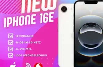 Angebot: Apple iPhone 16e (1€) + Vodafone-Smart-Tarif mit 35GB (5G) für 34,99€ mtl. + 100€ Bonus + 500 GB Extra-Daten