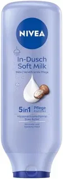 Drei Flaschen NIVEA In-Dusch Soft Milk 400 ml auf weißem Hintergrund.