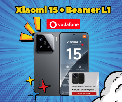 Xiaomi 15 Smartphone und Gratis Beamer neben Vodafone 5G-Vertrag Werbung