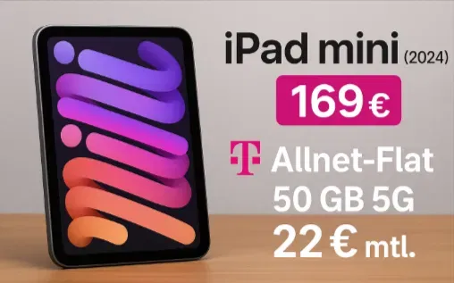 Apple iPad mini (2024) + Telekom Allnet-Flat mit 50 GB 5G für nur 22 € mtl.