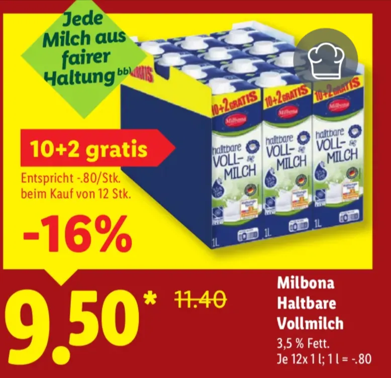 Milbona Haltbare Milch 3,5% Fett 12x 1L für 9,50  🥛  0,80 € pro Liter – Lidl