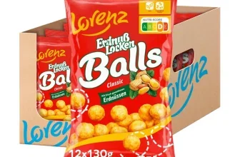 Rotes Lorenz ErdnußLocken Balls Paket vor brauner Kartonage mit Nutri-Score