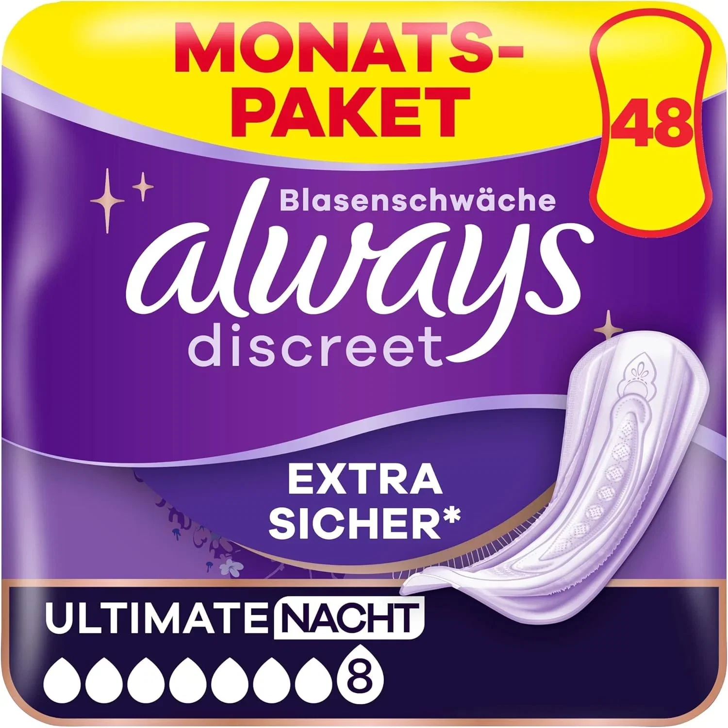 Always Discreet Inkontinenz-Einlagen Ultimate Nacht Monatspaket bei Blasenschwäche (48 Einlagen)