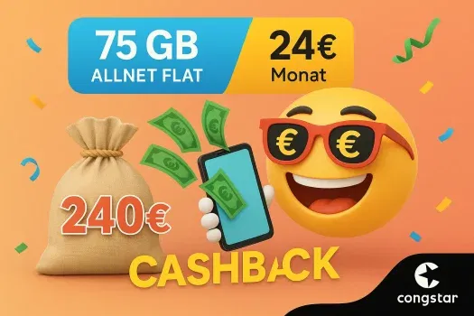 Congstar 75GB mit 5G nur 14,63€ eff. im Telekom-Netz dank 240€ Cashback + jedes Jahr 5GB mehr