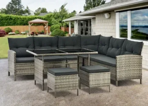 Juskys Gartenlounge Manacor grau (Sofa, Tisch, Hocker & Kissen - 7 Personen) für 355,94 € inkl. Versand (statt 498,99 €)