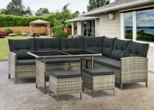 Schnäppchen, Deals Und Rabattcodes Des Tages: Juskys Gartenlounge Manacor Grau Sofa Tisch Hocker Kissen 7 Personen Sitzbezüge Grau