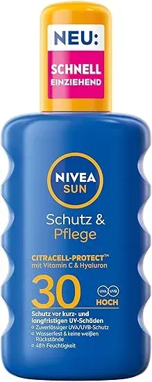 Nivea Sun Schutz Pflege Sonnenspray Lsf 30 Wasserfestes Sonnencreme Spray Mit Vitamin C Hyaluron Schnell Einziehender Sonnenschutz Fuer 48H Feuchtigkeit 200 Ml