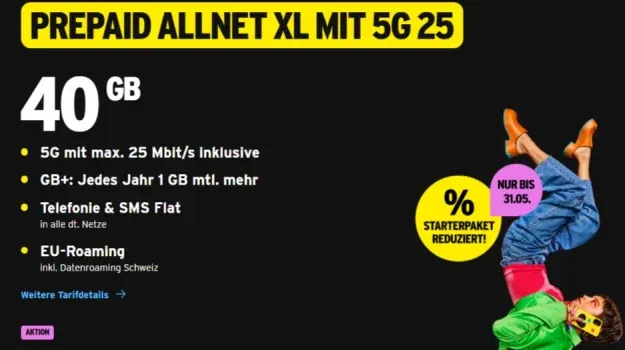 Congstar Prepaid mit 5G 40GB für 16€ + 16€ Startguthaben + 10€ Bonus