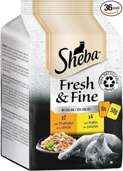 Sheba Fresh & Fine in Gelee - Huhn und Truthahn (36 x 50g) ab 9,39 € inkl. Prime-Versand (statt 15,49 €)