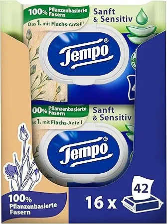 Tempo Feuchte Toilettentuecher Sanft Sensitiv Megapack 16 Packungen Mit Je 42 Tuechern Mit Natuerlicher Aloe Vera Feuchtes Toilettenpapier Dermatologisch Getestet Und Ph Hautneutral 1