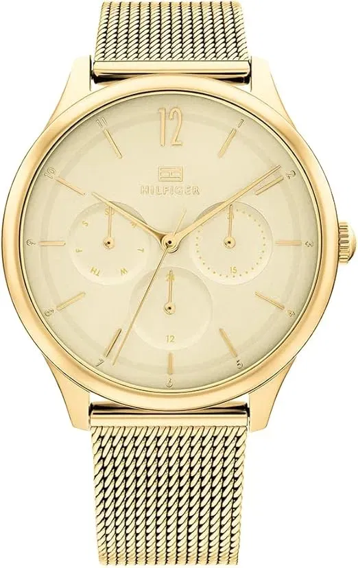 Tommy Hilfiger Multi Zifferblatt Quarz Uhr Fuer Damen Mit Goldfarben Edelstahl Mesh Gliederarmband 1782458