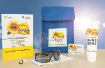 Kostenloses UV-Schutz-Paket der BG BAU – Jetzt Unternehmen (mit Kühltasche – UV-Schutzbrille – Wasserfeste Sonnencreme)