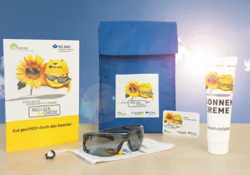 Kostenloses UV-Schutz-Paket der BG BAU – Für Unternehmen (mit Kühltasche – UV-Schutzbrille – Wasserfeste Sonnencreme)