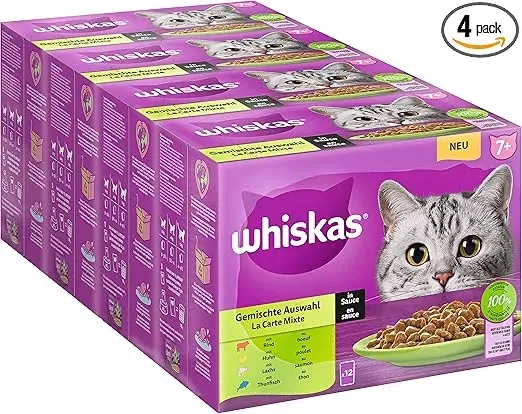 Whiskas Senior 7 Katzennassfutter Gemischte Auswahl In Sauce 48 Portionsbeutel 12X85G 4Er Pack – Hochwertiges Katzenfutter Nass Fuer Katzen Ab 7 Jahren Und Aelter