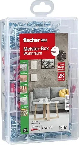 Fischer Meister Box Wohnraum 160 Teiliges Duebel Und Schraubenset 6 8 Mm Durchmesser 30 50 Mm Laenge Fuer Heimwerker Und Profis Universeller Einsatz Fuer Unbekannte Untergruende Im Innenbereich