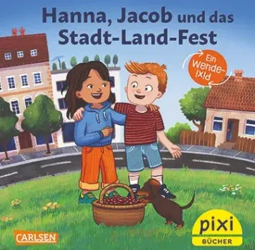 Gratis Pixi-Buch „Hanna und Jacob und das Stadt-Land-Fest“ - Buntes Cover mit Kindern und Luftballons