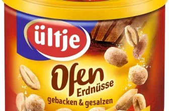 Eine Dose ültje Ofen Erdnüsse gesalzen 180 g mit gelbem Deckel und roter, blauer und gelber Verpackung, mit Erdnüssen und Schokolade