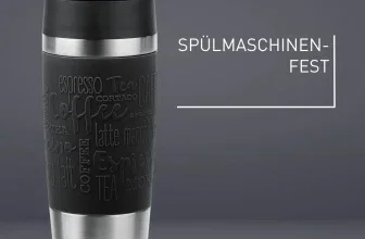 Schwarzer Emsa Travel Mug Classic mit geprägten Kaffeebegriffen und Text 'SPÜLMASCHINENFEST'