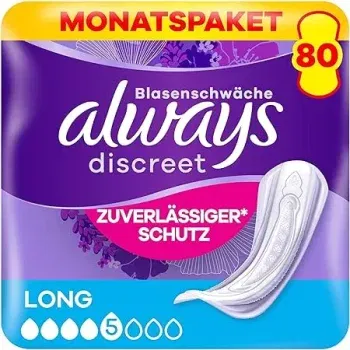 Always Discreet Inkontinenzeinlagen Long Monatspaket 2x 80 Binden (2x 8 x 10 Stück) ab 17,44 € inkl. Prime-Versand