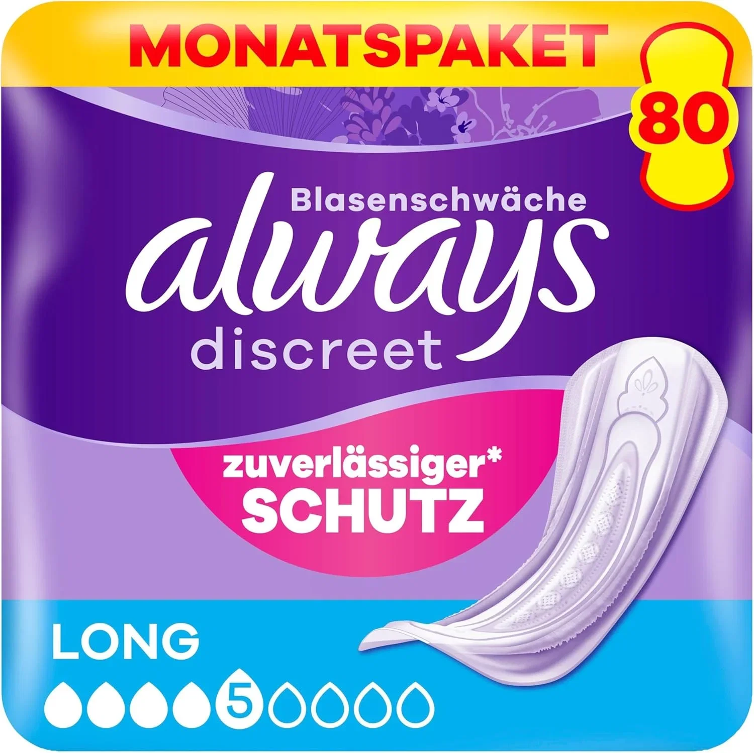 Always Discreet Inkontinenzeinlagen Long Monatspaket 80 Binden (8 x 10 Stück)