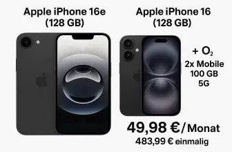 MediaMarkt Tarifwelt: Apple iPhone 16 (128 GB) + Apple iPhone 16e (128 GB) + o2 2x Mobile L 100 GB 5G für 49,98 € / Monat + 483,99 € einmalig