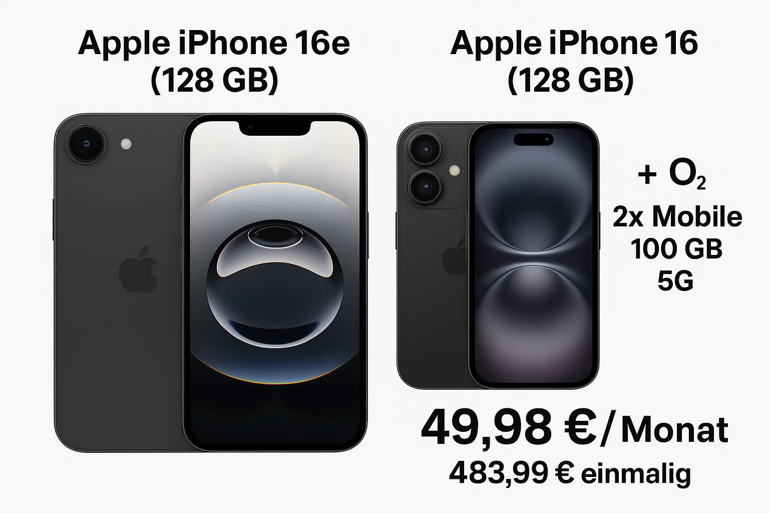 MediaMarkt Tarifwelt: Apple iPhone 16 (128 GB) + Apple iPhone 16e (128 GB)  + o2 2x Mobile L 100 GB 5G für 49,98 € / Monat + 483,99 € einmalig