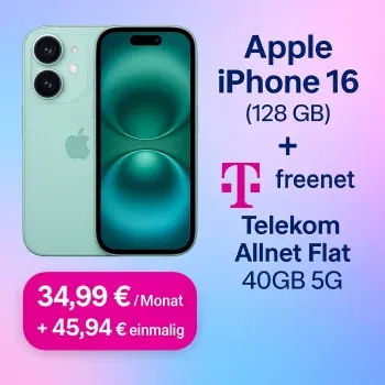 MediaMarkt Tarifwelt: Apple iPhone 16 (128 GB) + freenet Telekom Allnet Flat 40GB 5G für 34,99 € / Monat + 45,94 € einmalig
