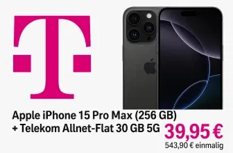 Gomibo: Apple iPhone 16 Pro Max (256 GB) + Telekom Allnet-Flat 30 GB 5G für 39,95 € / Monat + 543,90 € einmalig
