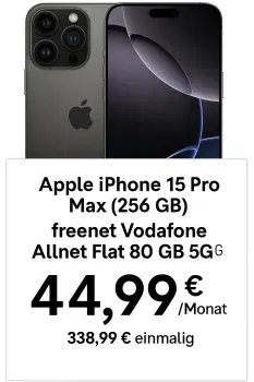 MediaMarkt Tarifwelt: Apple iPhone 16 Pro Max (256 GB) + freenet Vodafone Allnet Flat 80 GB 5G für 44,99 € / Monat + 338,99 € einmalig