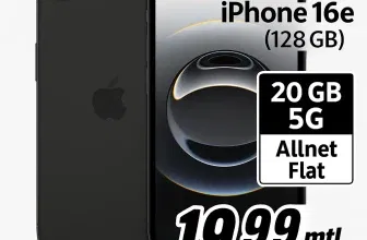 MediaMarkt Tarifwelt: Apple iPhone 16e (128 GB) + freenet Vodafone Allnet Flat 20 GB 5G für 19,99 € / Monat + 188,99 € einmalig