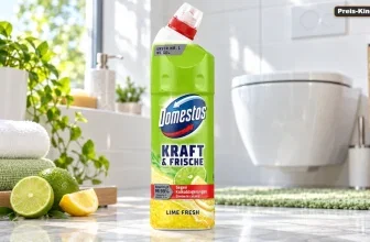 Domestos Kraft & Frische WC-Gel Lime Fresh in grüner Flasche neben frischen Limetten und Handtüchern im Badezimmer.