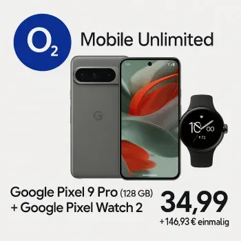 Sparhandy: Google Pixel 9 Pro (128 GB) + Google Pixel Watch 2 + Mobile Unlimited GB 5G/ LTE für 34,99 € / Monat + 146,93 € einmalig